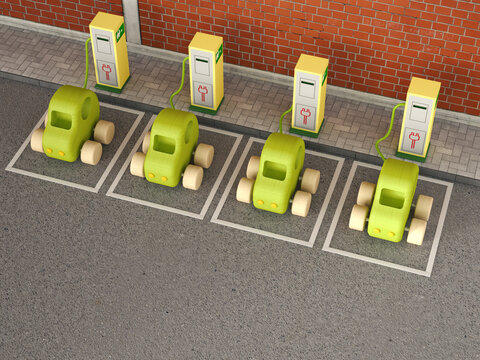 Electric Vehicle Charging Station, car park, wooden cars