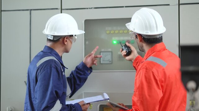Two engineers check electrical control panel indicators inside industrial control room, discussing system readings and equipment operation during routine technical inspection. Facility monitoring.