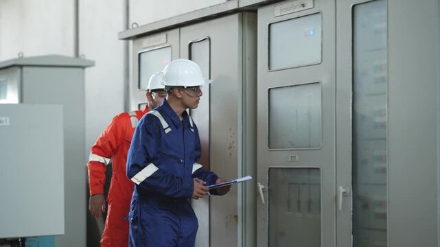 Engineers examine electrical control cabinet and discuss technical information while reviewing clipboard records during industrial facility inspection. Control room equipment monitoring.