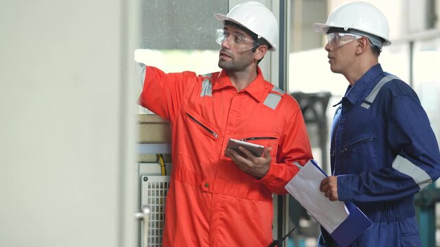 Industrial engineer holds digital tablet while discussing electrical control system inside facility, reviewing equipment operation and technical information. Control room monitoring assessment.