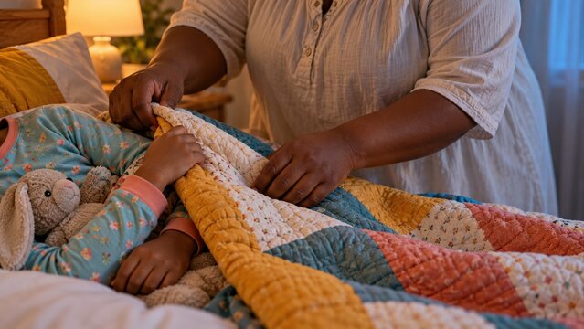 Adult Gently Tucking Child Into Bed with Colorful Patchwork Quilt