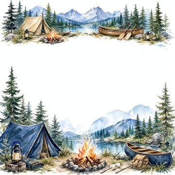 Watercolor Lakeside Campsite Border With Tent Campfire And Canoe
