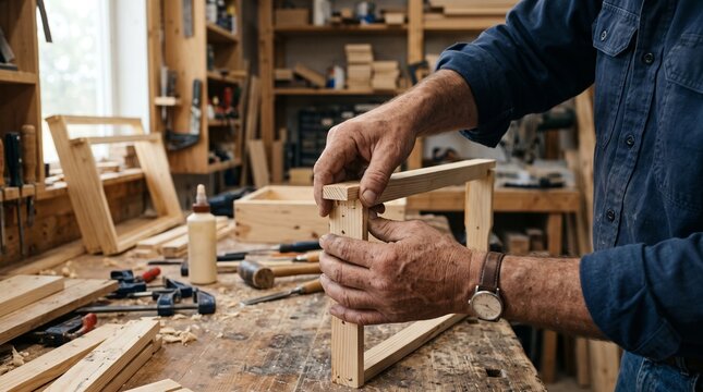 Carpenter's hands assembling wooden frame in workshop with natural light and tools