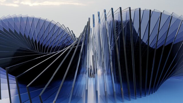 Abstract Blue Glass Vertical Slat Vortex Pavilion Sculpture