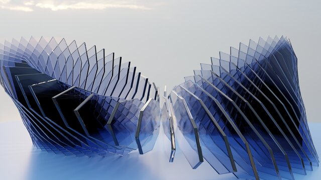Abstract Blue Glass Hexagonal Slabs Double Wing Sculpture