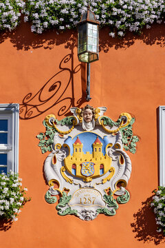 Historic coat of arms relief on the exterior wall of the Rathaus - Town Hall - in Idstein, Germany, featuring the inscription - Stadtrechte seit 1287- IN ENGLISH town privileges since 1287