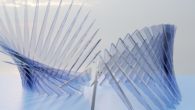 Abstract Blue Glass Radiating Fan and Spiral Wave Sculpture