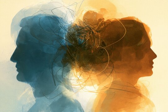 Psychology Concept Art: Dual Personality and Mood Struggles Represented by Interwoven Heads