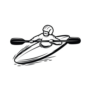 Vector illustration of a person wearing a helmet paddling a kayak on the water.