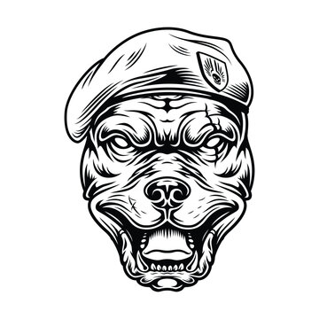 Vector illustration of an aggressive bulldog head wearing a military beret.