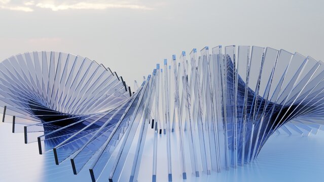 Abstract Blue Glass Twisted Slat Ribbon Wave Sculpture