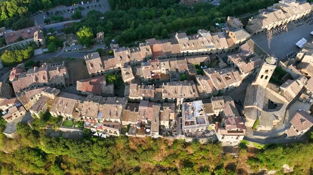 Aerial view above medieval village of Ainsa and castle in Spanish Pyrenees, Huesca, Spain