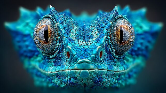 Macro close-up of a blue chameleon face with orange eyes