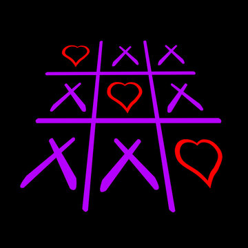 Neon Tic Tac Toe Game with Hearts and Crosses on Black Background