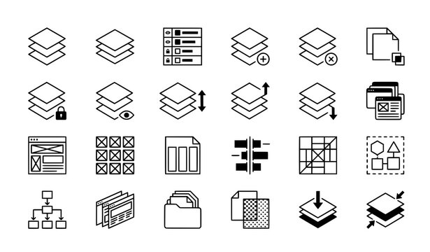 Layers and layout design interface line icon set with stacked layers, grid structure, hierarchy diagram, folder, visibility, lock, arrange, column layout, align and merge symbols