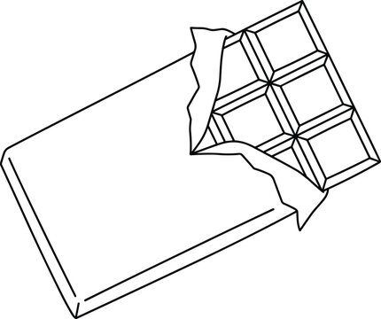Unwrapped sweet chocolate bar in open foil packaging block layout outline illustration for confectionery dessert menu design