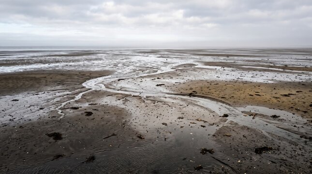 Wide angle view of a vast tidal flat landscape with exposed wet sand