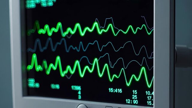 Patient monitor exhibits glowing waveforms tracking heart rate activity steadily. Hospital display unit features digital cardiology parameters beside vital sign measurements in real time.
