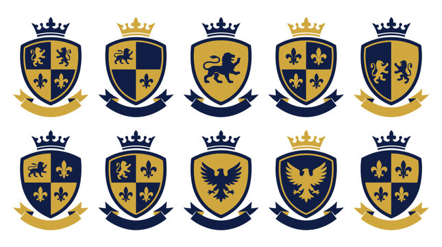 Vintage Heraldic Shield Crest Set, Gold and Dark Blue Coat of Arms Logos, Luxury Royal Crest Badges with Crowns and Ribbons Vector Collection