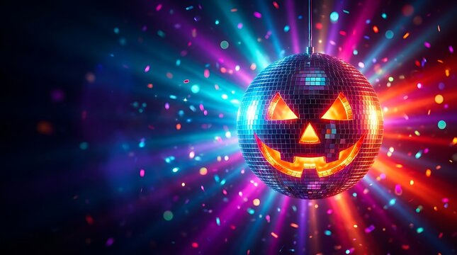 Glowing halloween disco ball featuring carved pumpkin face details hanging against dark background illuminated with vibrant neon rays and colorful confetti floating around wildly