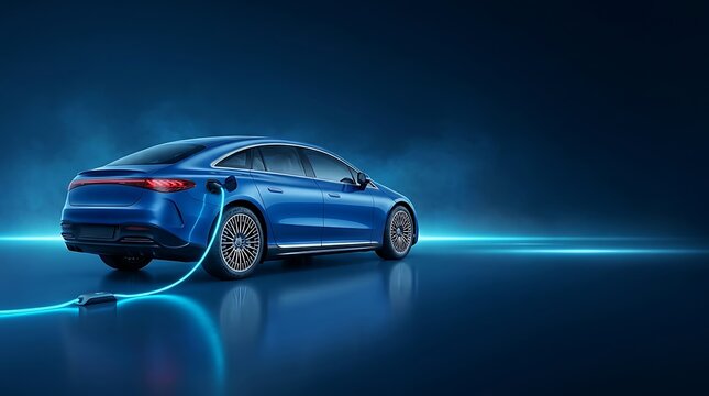 Modern electric car plugged into a glowing blue charging cable showcasing futuristic automotive design and eco friendly technology against a dark moody studio background