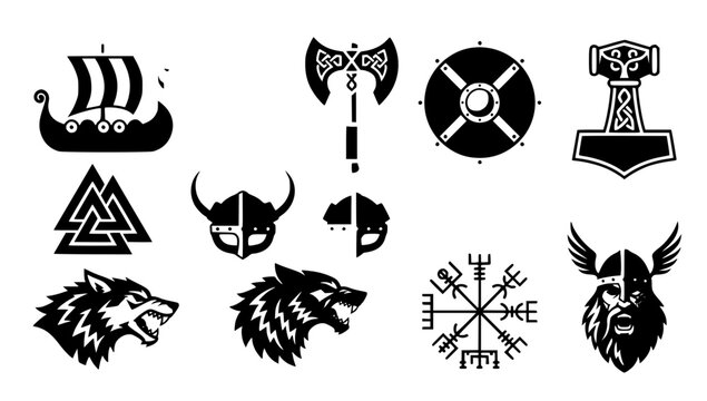Viking norse warrior history and mythology vector icon set with flat graphic elements of longship axe shield and runes