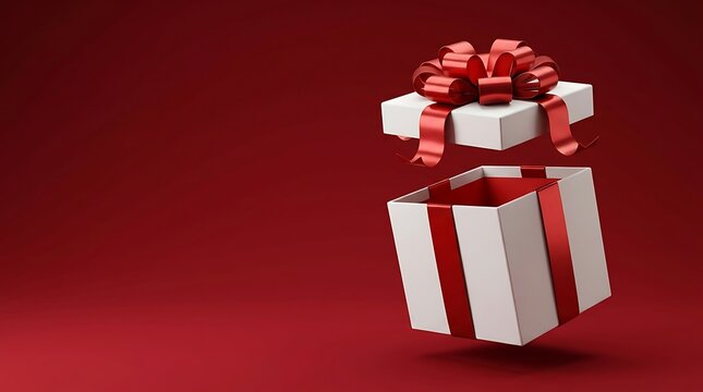 Elegant white gift box with shiny red ribbon floating open against a clean deep burgundy background creating a festive holiday celebration concept view
