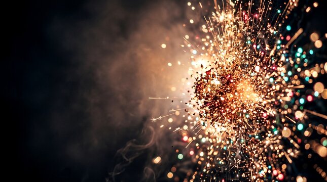Golden firework sparks explosion with glowing glitter particles and soft bokeh lights on a dark smoky background atmosphere