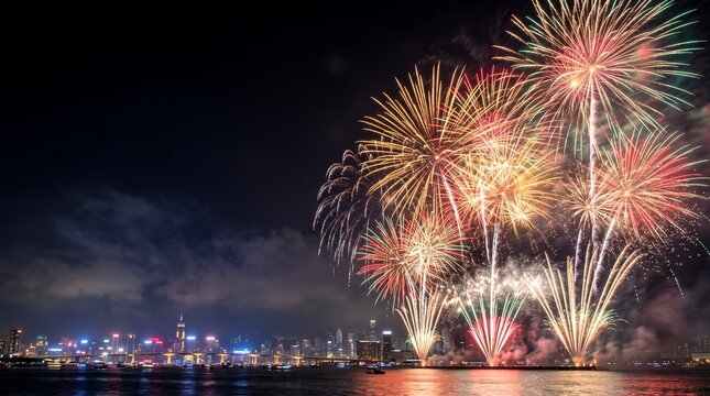 Vibrant fireworks explode over Victoria Harbour Hong Kong skyline at night with light reflecting on water during grand festive celebration