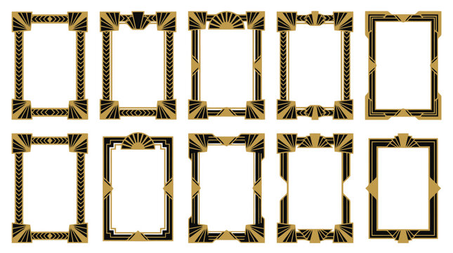 Art Deco frames set, vintage gold and black geometric borders, 10 elegant Gatsby style vector frames for luxury wedding invitations and gala posters