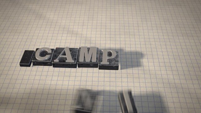 Camping metal letterpress type blocks 3D animation seamless loop