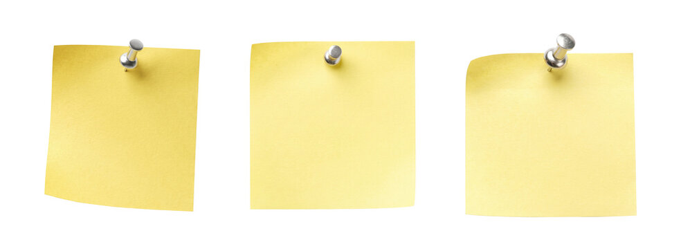 Yellow sticky notes pinned, blank square memo paper set, office notice board element