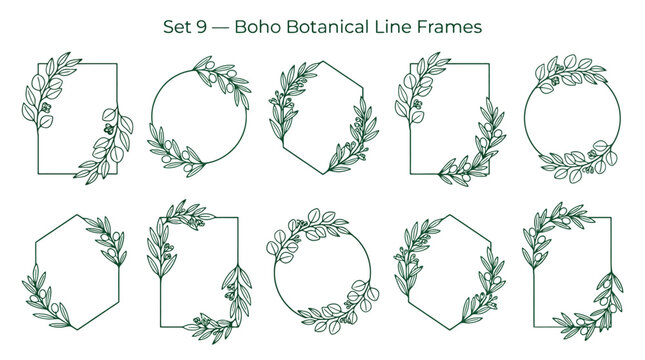 Boho botanical line frames set, green foliage geometric wreath vector borders, minimalist floral leaf frames for wedding invitations