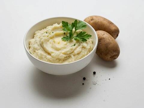A clean food photography presents a bowl of creamy mashed potatoes with two whole potatoes and a fresh parsley garnish against a bright white background.