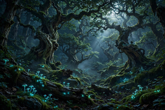 Enchanted dark forest with bioluminescent mushrooms and twisted ancient trees 4K