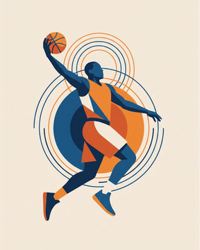 Dynamic vector style poster design of a basketball player dunking a ball surrounded by abstract concentric circles