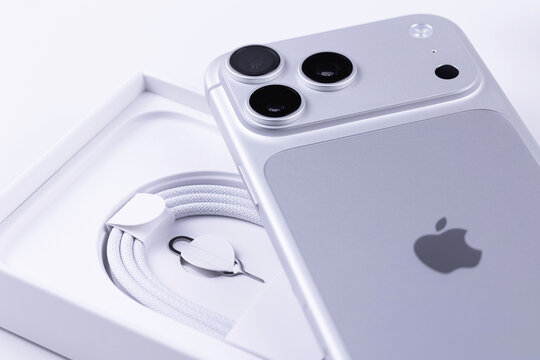 opened new iPhone 18 Pro Max retail box closeup, macro. Apple is a multinational technology company. Batumi, Georgia - September 29, 2026