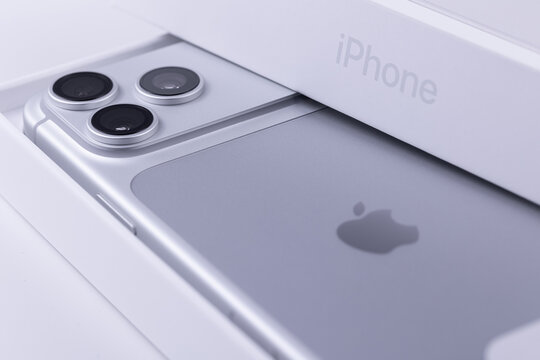 Opened new iPhone 18 Pro Max retail box closeup. Apple is a multinational technology company. Batumi, Georgia - September 29, 2026