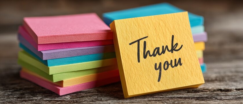 A stack of colorful sticky notes on a wooden surface with a yellow note leaning against them reading Thank you in the foreground.