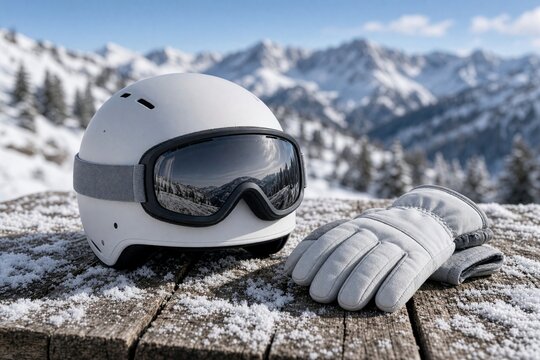  White ski helmet with goggles and gloves on a wooden bench in front of sunlit snowy mountains