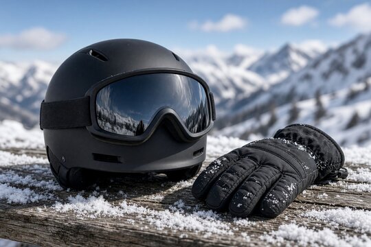 Black ski helmet with ski goggles and black ski gloves on snow-covered wooden bench with mountain backdrop