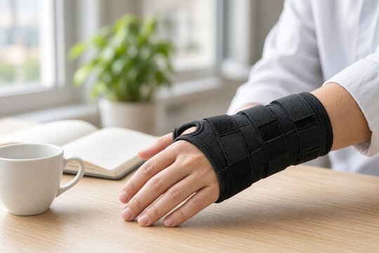 Woman's hand resting on a wooden desk wearing a black wrist brace splint in a bright living room.