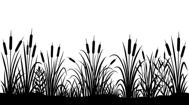 Cattail reeds and wild marsh grass horizontal border, black silhouette vector illustration isolated on white background