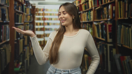 Young hispanic woman smiling presenting open palm toward bookshelves in building aisle, wearing beige top and jeans  welcoming knowledge curiosity. © Krakenimages.com