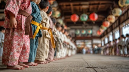 Obraz premium A low angle view of children in traditional robes standing in a line on a wooden floor with lanterns in the background.