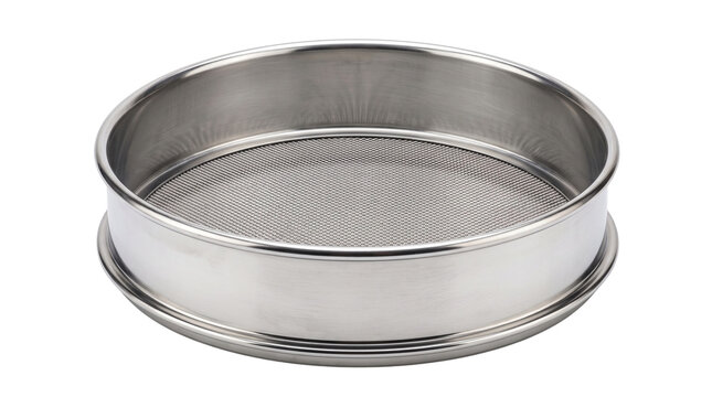Stainless Steel Flour Sifter, Fine Mesh Round Metal Strainer, Culinary Baking Tool Isolated on White Background