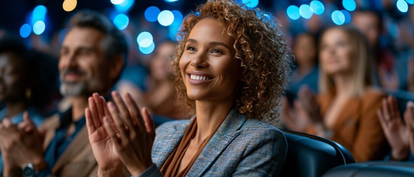 A smiling woman with curly hair claps in a crowded auditorium with a blurred background of blue lights and other audience members.