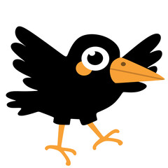 Fototapeta premium Black cartoon crow stands alert with wings slightly spread
