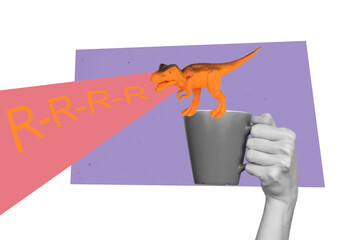 Creative composite sketch design artwork collage of creepy dangerous dino scream haunted animal stand anonymous hand hold cup drink © deagreez