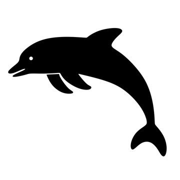 Black dolphin silhouette leaps against white background